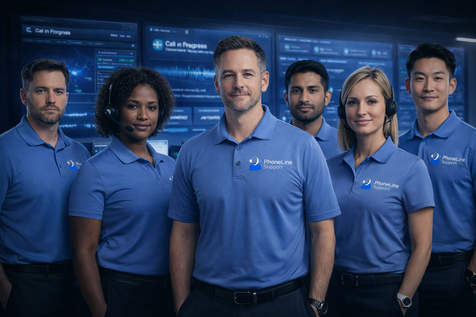A diverse group of six technical support agents in blue PhoneLine Support shirts stand together in a modern call center with digital screens displaying calls and data in the background.