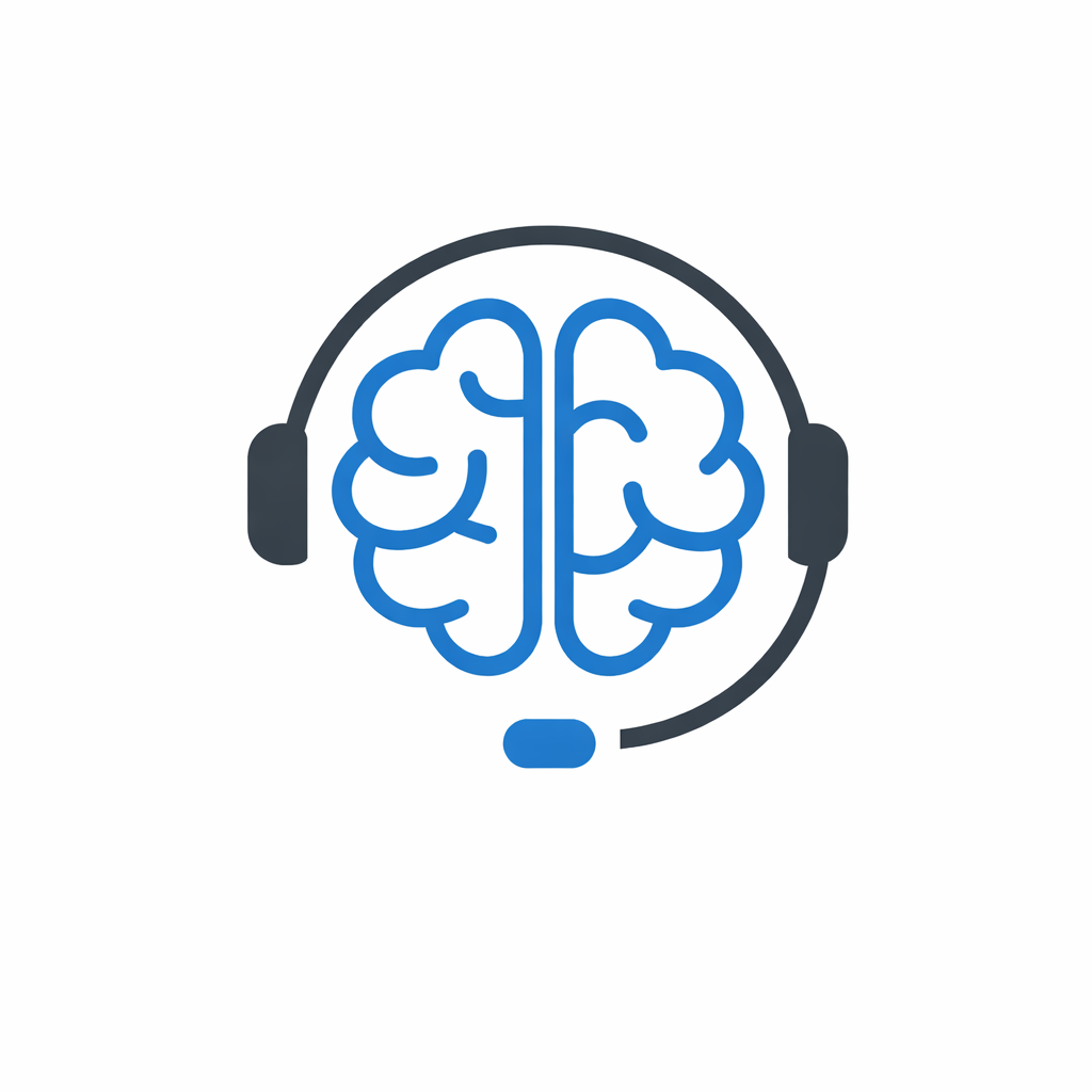 A blue outline of a brain wearing a black headset with mic, symbolizing AI answering service pricing, customer support, or tech-based communication, on a white background.