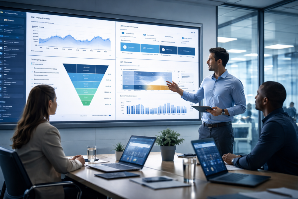 A man stands and presents data charts on a large screen to two colleagues in a modern conference room. Laptops, documents, and plants sit on the table, illustrating a business meeting or discussion on AI phone workers.