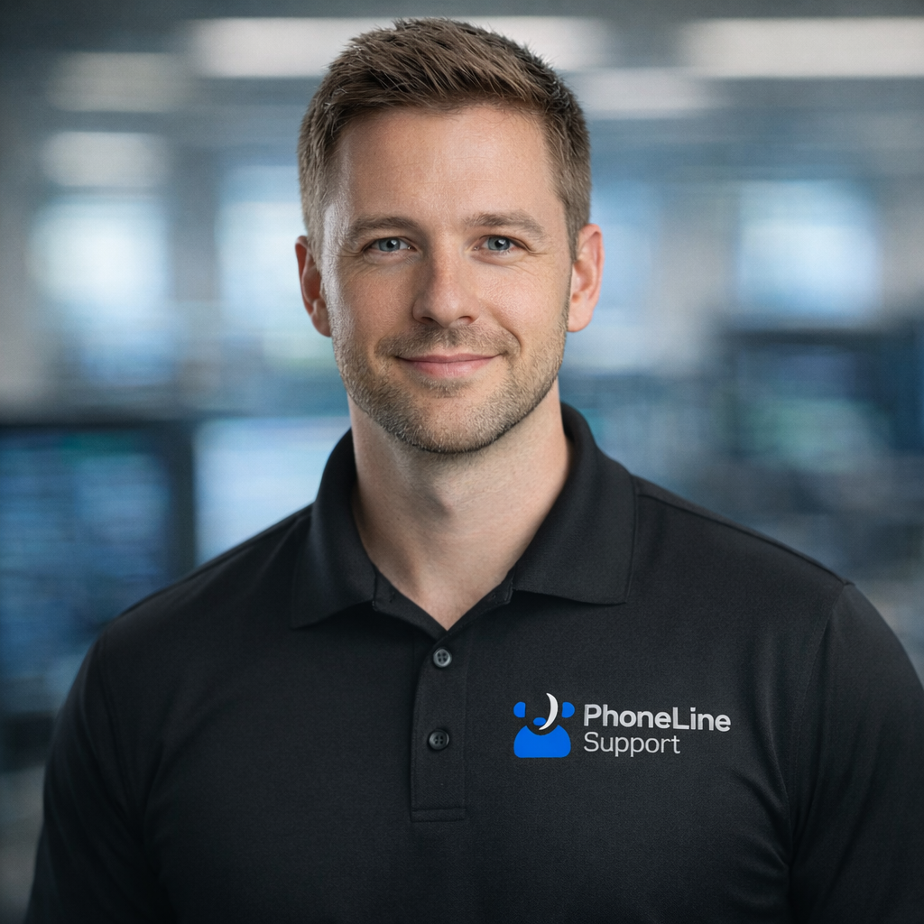 A man with short light brown hair, wearing a black polo shirt with the PhoneLine Support logo, stands in a modern office setting, smiling at the camera.