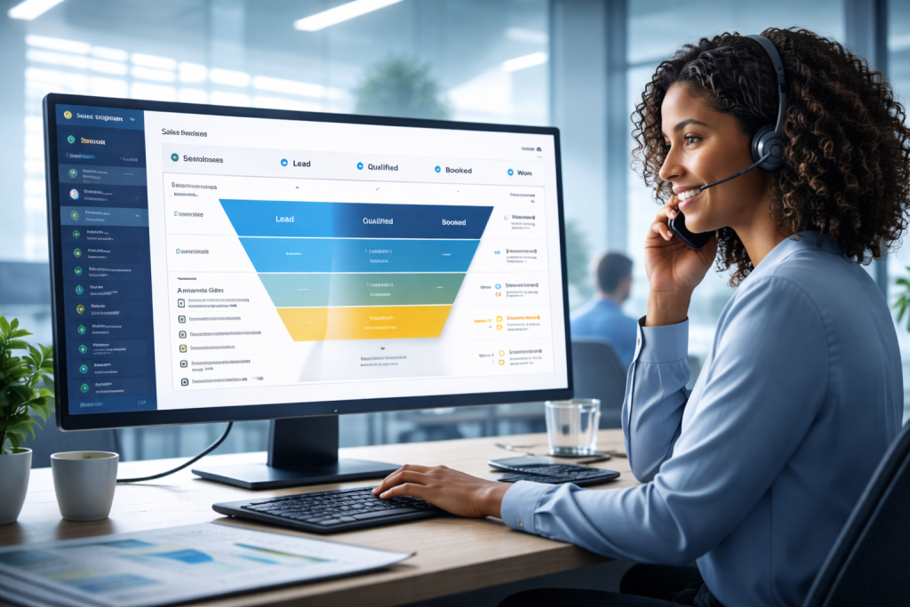 A woman wearing a headset sits at a desk in a modern office, looking at a computer screen displaying a colorful sales funnel and analytics dashboard—tools often used by AI phone workers. Plants and paperwork are visible on her desk.