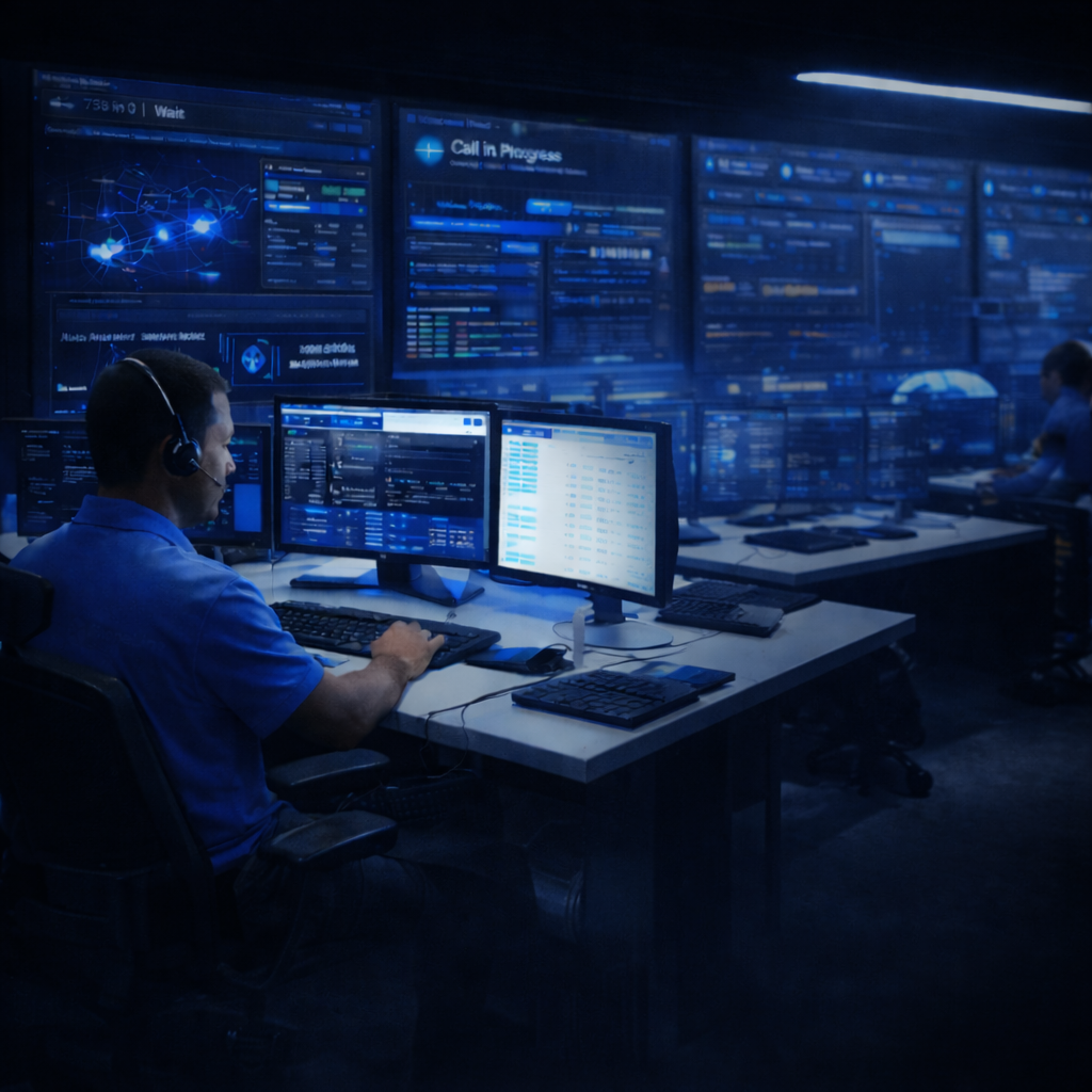 A man wearing a headset monitors multiple computer screens displaying data and graphs in a dark, high-tech control room, where other operators and AI phone workers collaborate at nearby desks.