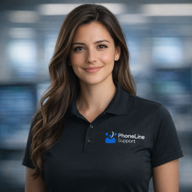 A woman with long brown hair, wearing a black polo shirt with a PhoneLine Support logo, smiles while standing in a modern office setting.