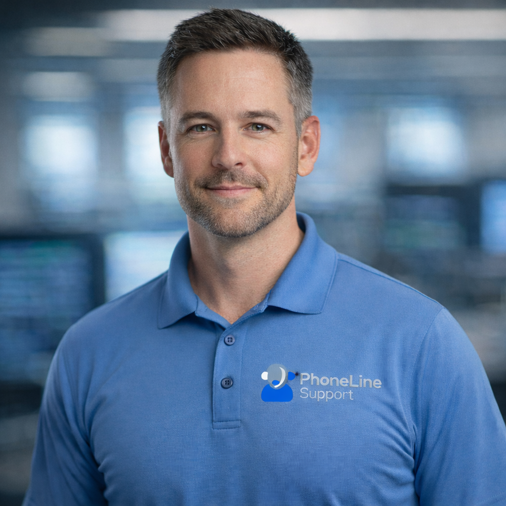 A man in a blue polo shirt with the PhoneLine Support logo stands smiling in an office setting, with blurred computer monitors and desks in the background.