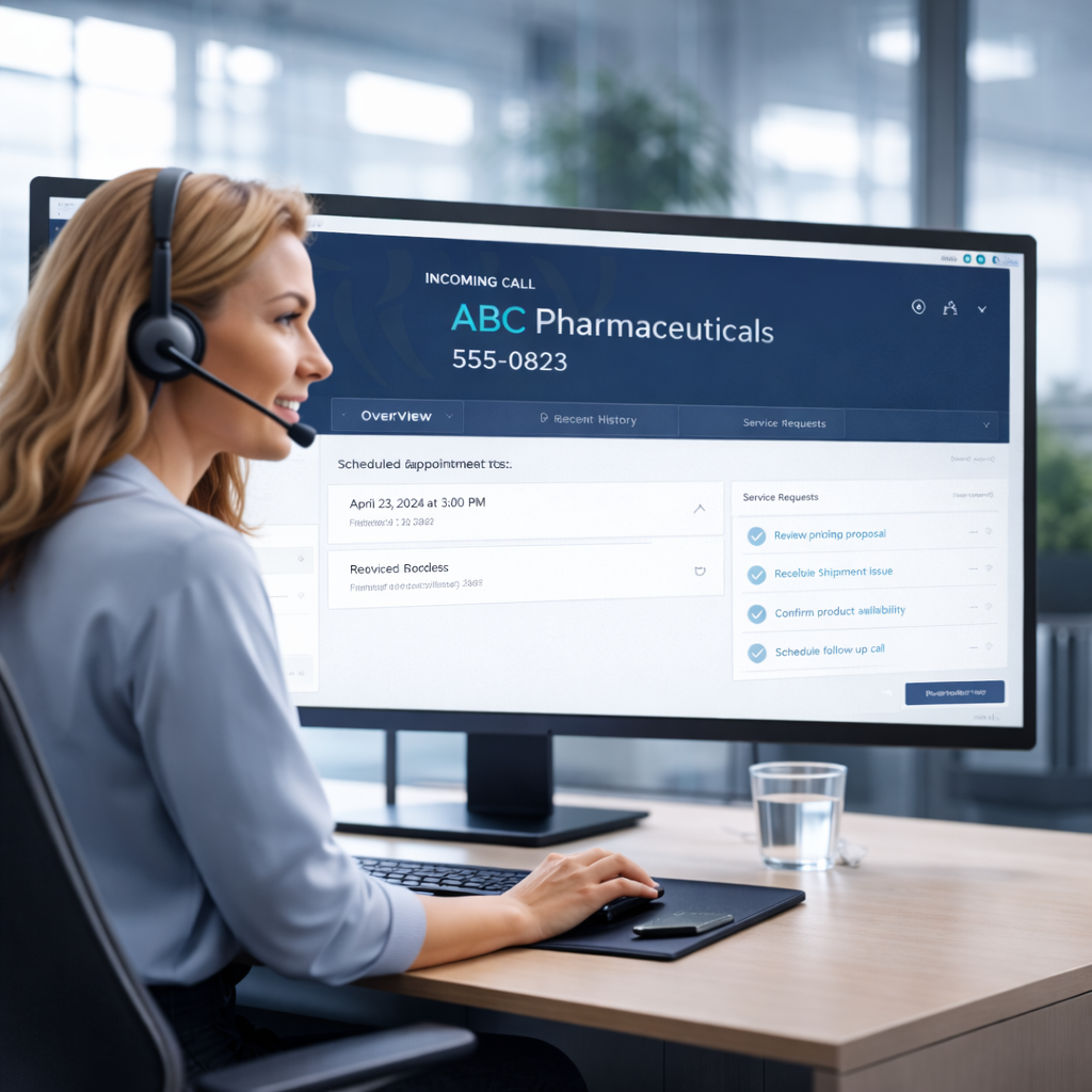 A woman wearing a headset sits at a desk, looking at a computer screen displaying an incoming call interface for ABC Pharmaceuticals powered by AI phone workers, showing appointment details and service requests.