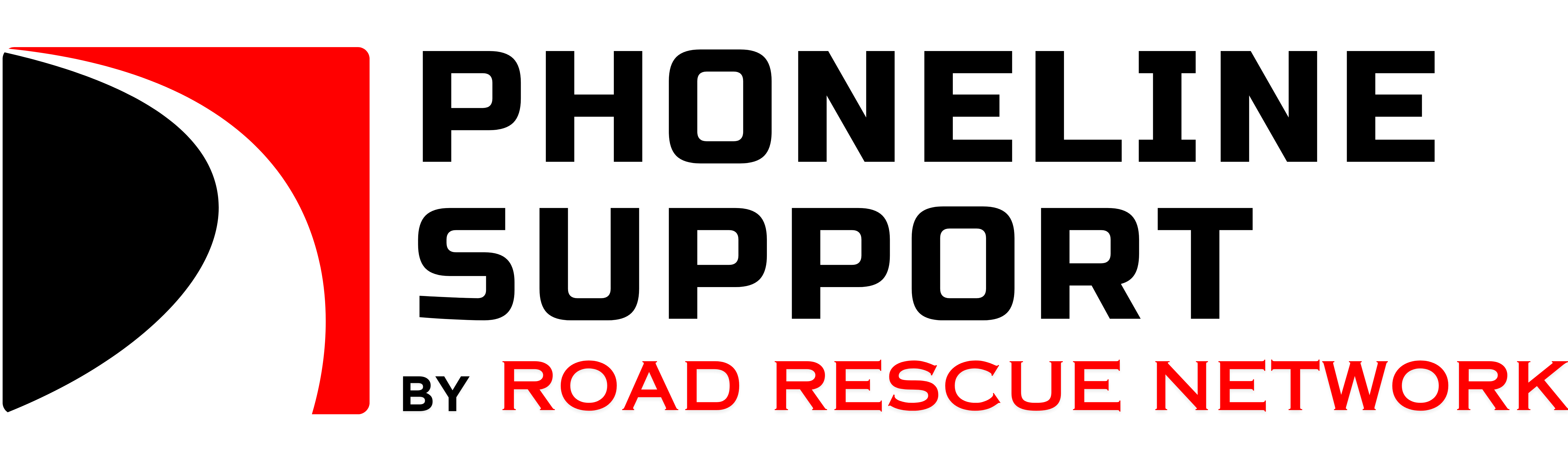 Logo with a red and black abstract road icon on the left, and bold text reading Phoneline Support by Road Rescue Network on the right, with Road Rescue Network highlighted in red.