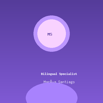 A purple background with a large circle at the top labeled MS and white text below reading Bilingual Specialist and Marêa Santiago. The lower part shows a partial purple shape.
